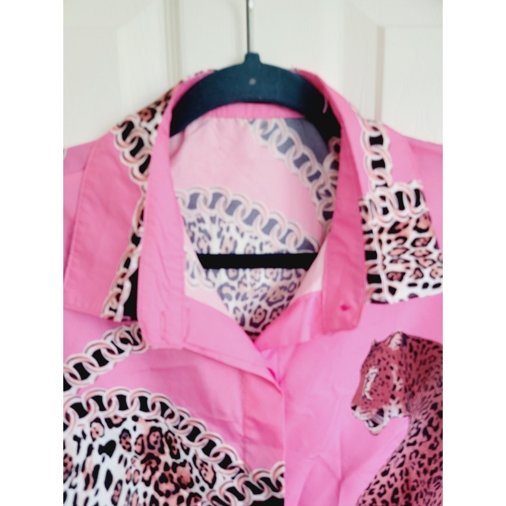 ChicMe L Pink Leopard Chain Print Long Sleeve Button Down Blouse Whimsical Cute - Picture 10 of 13